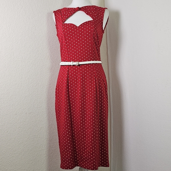 Unique Vintage Red and White Pencil Wiggle Cut Out Midi Dress W Belt SZ L Pin Up - Picture 2 of 15